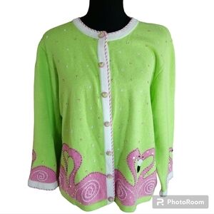 Jack B. Quick Vintage Flamingo Cardigan Sequin Embroidery Sweater size L